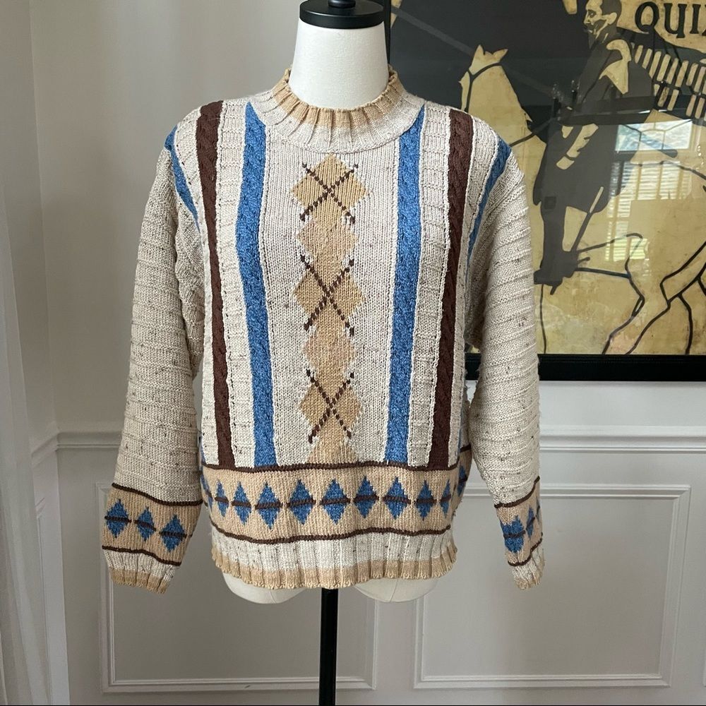 Vintage 80s Liz Wear Claiborne Argyle Mock Neck Sweater Petite S